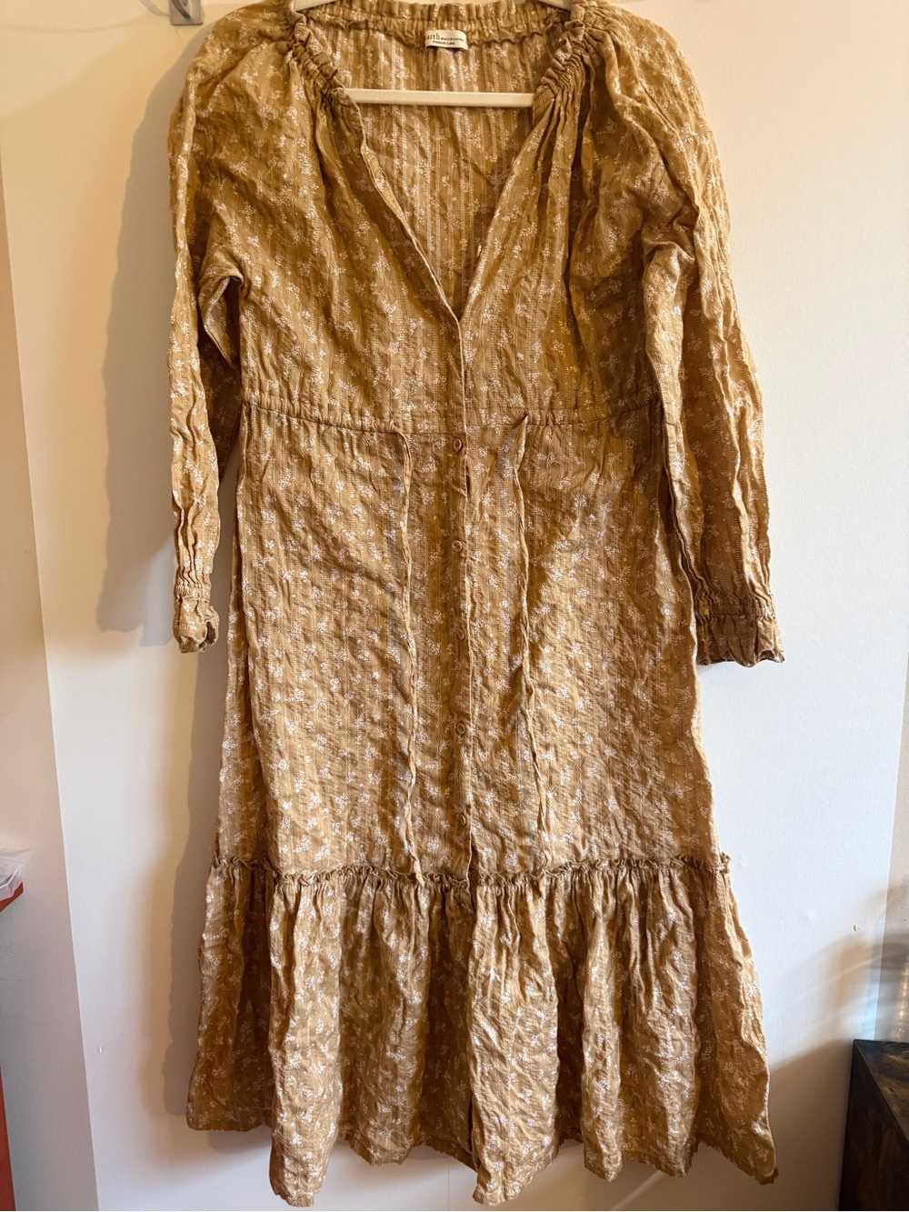 Earth Music & Ecology Premium Cotton Midi Dress Camel Floral Textured Japan F